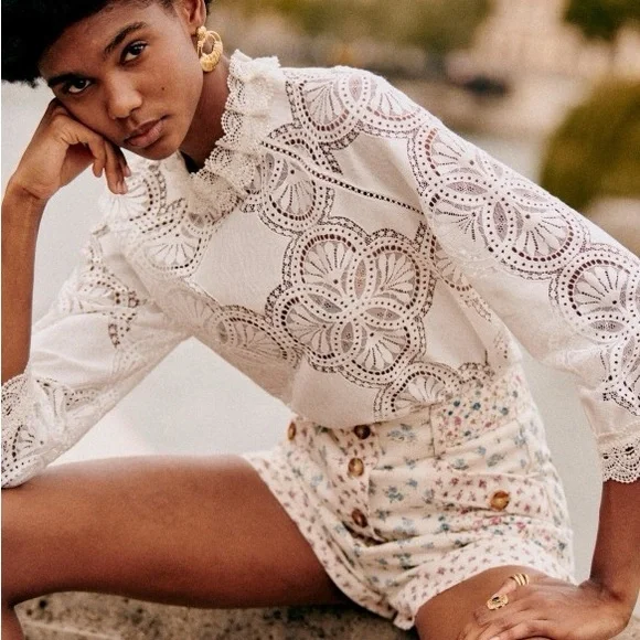 SEZANE White Lace Openwork High
Neck Eyelet Ruffle Button Back Bacall Blouse Top - Picture 9 of 17